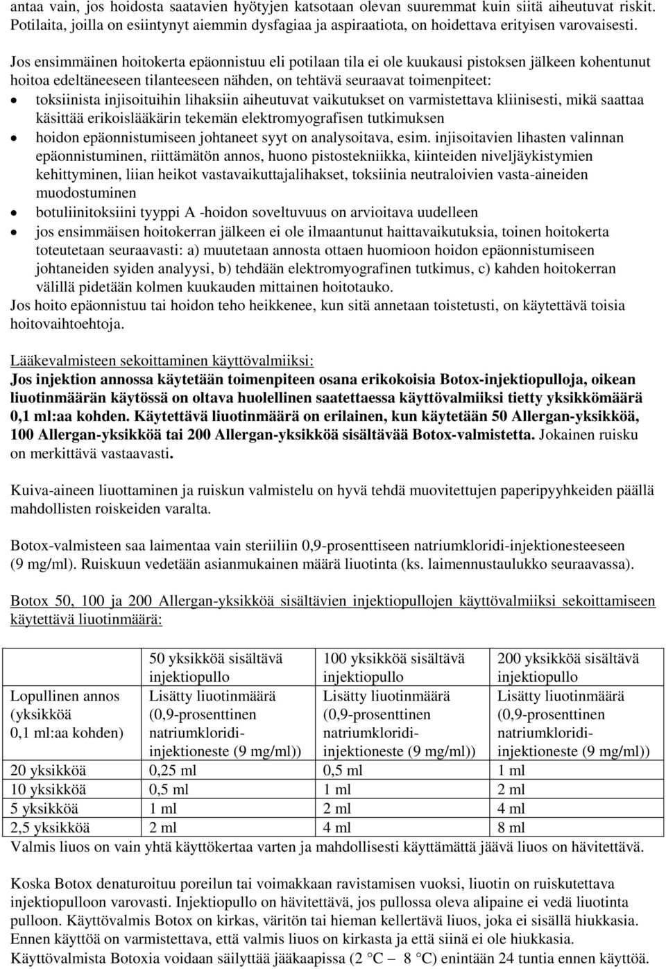 Jos ensimmäinen hoitokerta epäonnistuu eli potilaan tila ei ole kuukausi pistoksen jälkeen kohentunut hoitoa edeltäneeseen tilanteeseen nähden, on tehtävä seuraavat toimenpiteet: toksiinista