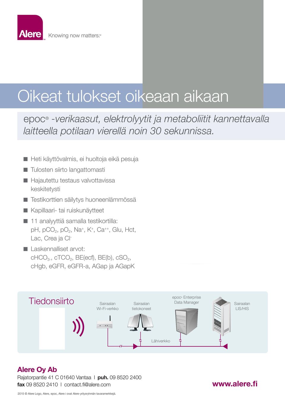 analyyttiä samalla testikortilla: ph, pco 2, po 2, Na +, K +, Ca ++, Glu, Hct, Lac, Crea ja Cl - Laskennalliset arvot: chco 3-, ctco 2, BE(ecf), BE(b), cso 2, chgb, egfr, egfr-a, AGap ja AGapK