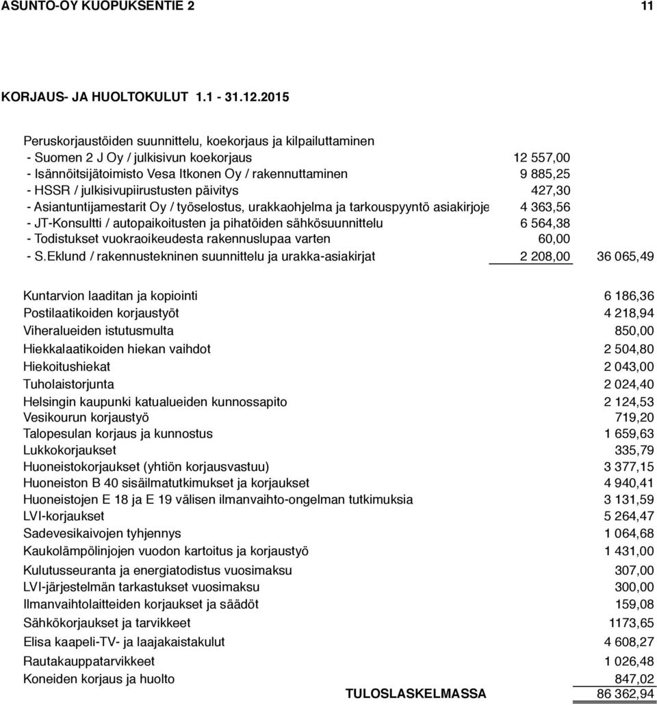 julkisivupiirustusten päivitys 427,30 - Asiantuntijamestarit Oy / työselostus, urakkaohjelma ja tarkouspyyntö asiakirjojen laadinta 4 363,56 - JT-Konsultti / autopaikoitusten ja pihatöiden