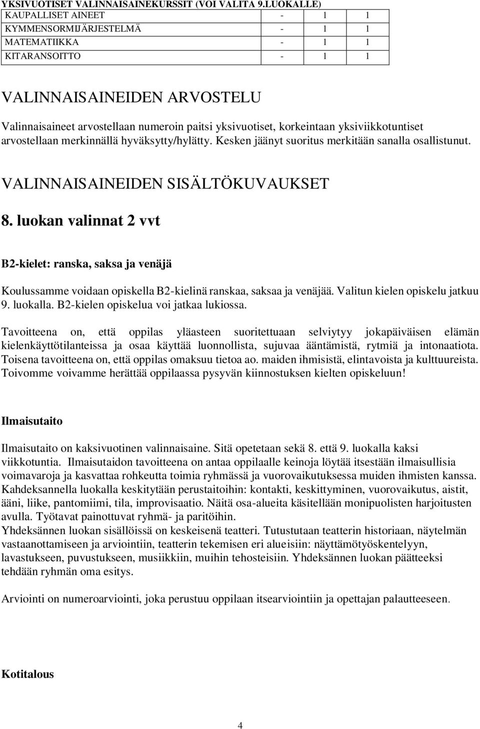 korkeintaan yksiviikkotuntiset arvostellaan merkinnällä hyväksytty/hylätty. Kesken jäänyt suoritus merkitään sanalla osallistunut. VALINNAISAINEIDEN SISÄLTÖKUVAUKSET 8.