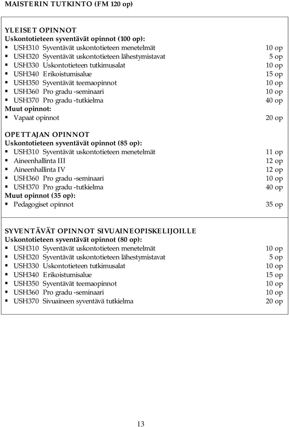 Uskontotieteen syventävät opinnot (85 op): USH310 Syventävät uskontotieteen menetelmät Aineenhallinta III Aineenhallinta IV USH360 Pro gradu -seminaari USH370 Pro gradu -tutkielma Muut opinnot (35