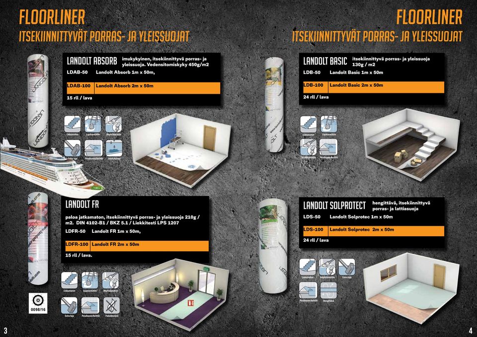 Landolt Absorb 2m x 50m LDB-100 Landolt Basic 2m x 50m 24 rll / lava 15 rll / lava Imukykyinen Landolt FR Landolt SOLPROTECT paloa jatkamaton, itsekiinnittyvä porras- ja yleissuoja 210g / m2.