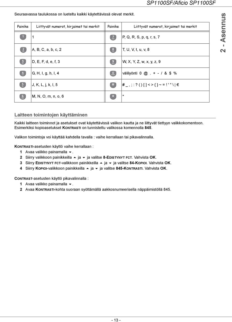 X, Y, Z, w, x, y, z, 9 G, H, I, g, h, I, 4 välilyönti 0 @. + - / & $ % J, K, L, j, k, l, 5 # _, ; :? ( ) [ ] < > { } ~ =!