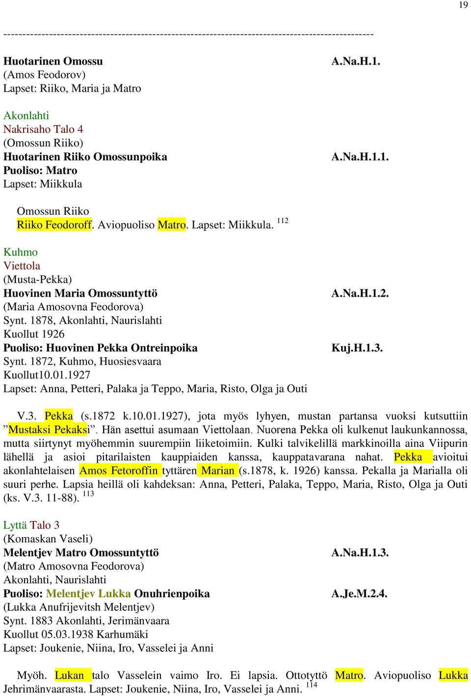 1878,, Naurislahti Kuollut 1926 Puoliso: Huovinen Pekka Ontreinpoika Synt. 1872, Kuhmo, Huosiesvaara Kuollut10.01.1927 Lapset: Anna, Petteri, Palaka ja Teppo, Maria, Risto, Olga ja Outi A.Na.H.1.2. Kuj.