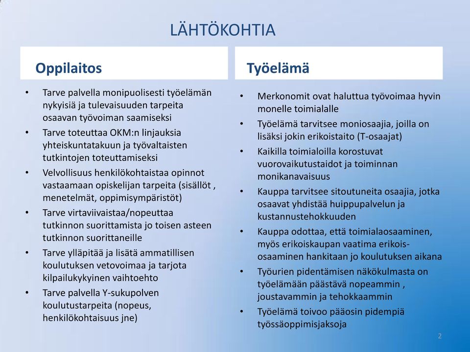 toisen asteen tutkinnon suorittaneille Tarve ylläpitää ja lisätä ammatillisen koulutuksen vetovoimaa ja tarjota kilpailukykyinen vaihtoehto Tarve palvella Y-sukupolven koulutustarpeita (nopeus,