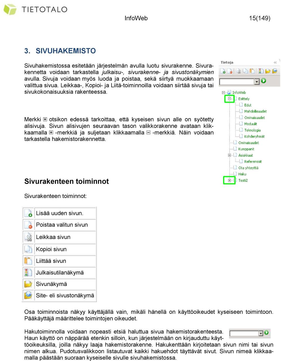 Merkki otsikon edessä tarkoittaa, että kyseisen sivun alle on syötetty alisivuja. Sivun alisivujen seuraavan tason valikkorakenne avataan klikkaamalla -merkkiä ja suljetaan klikkaamalla -merkkiä.