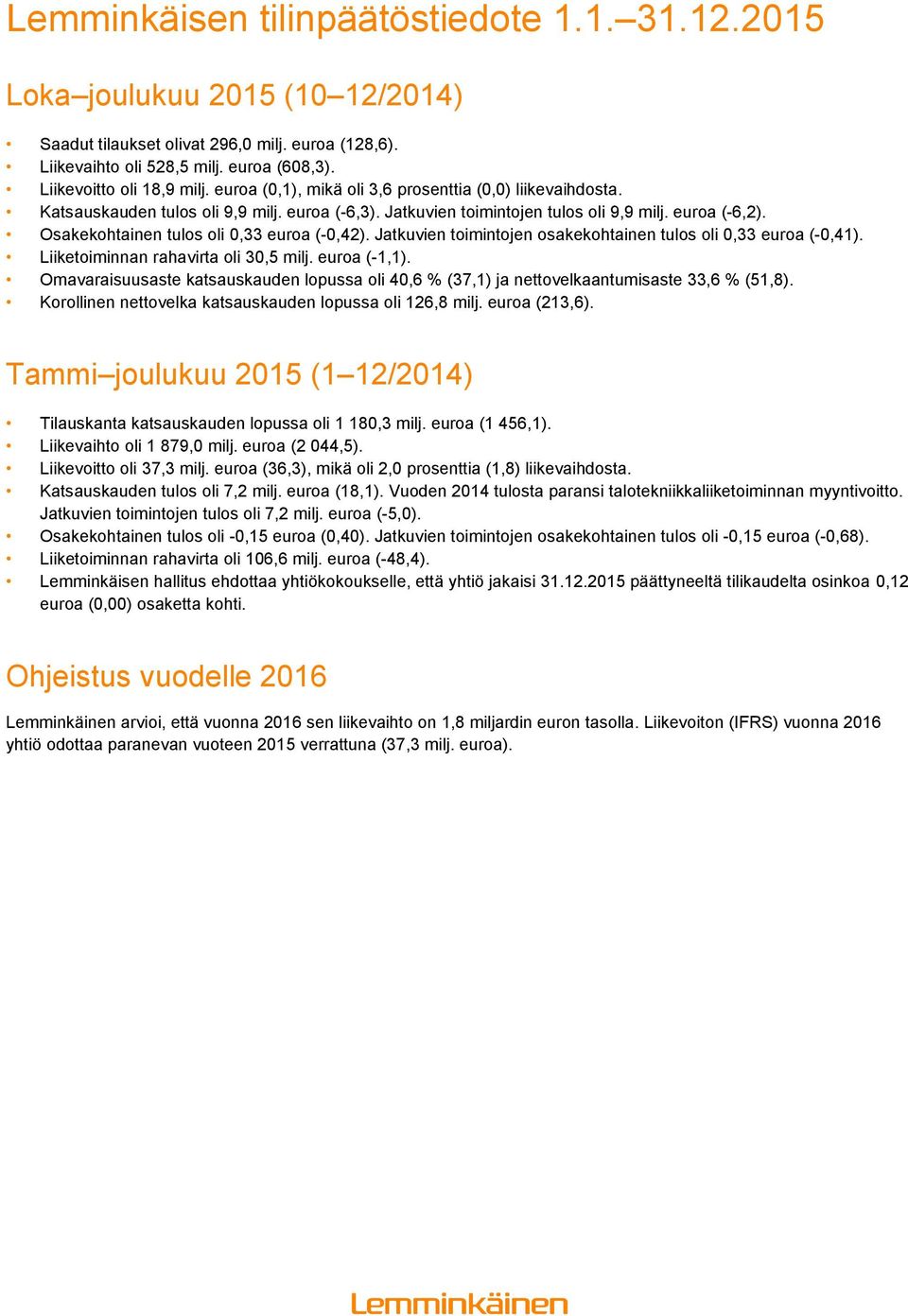 Osakekohtainen tulos oli 0,33 euroa (-0,42). Jatkuvien toimintojen osakekohtainen tulos oli 0,33 euroa (-0,41). Liiketoiminnan rahavirta oli 30,5 milj. euroa (-1,1).