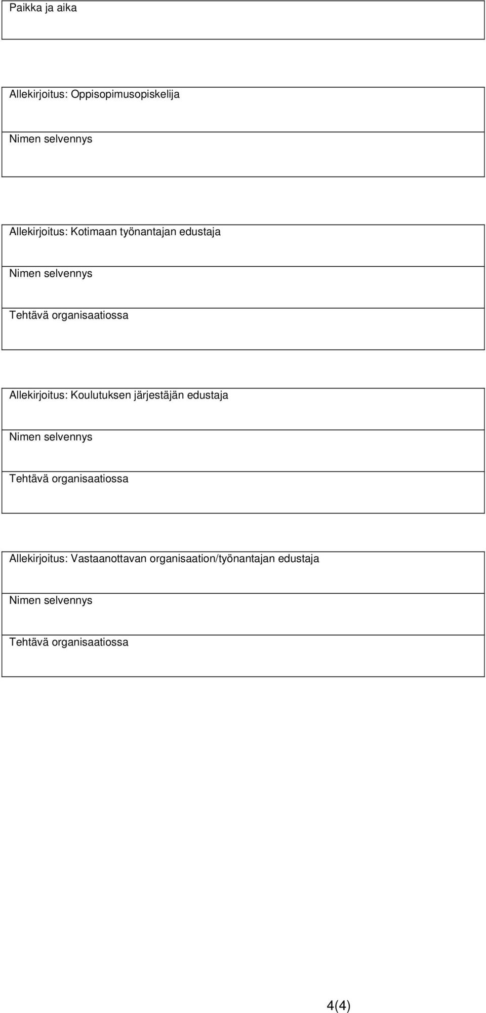 Koulutuksen järjestäjän edustaja Nimen selvennys Tehtävä organisaatiossa Allekirjoitus: