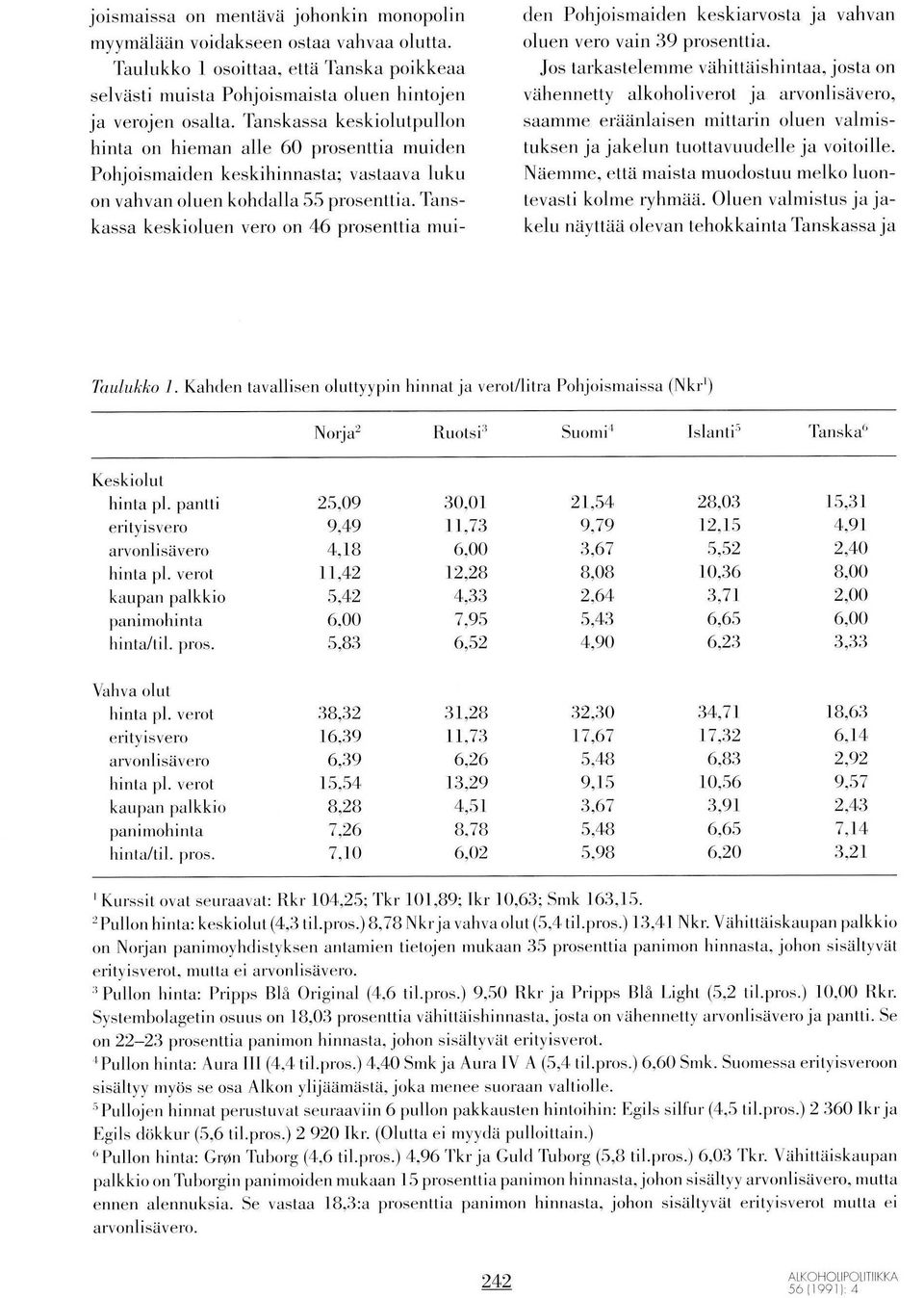 Tanskassa keskioluen vero on 46 prosenttia muiden Pohjoismaiden keskiarvosta ja vahvan tluen rero rain 39 prosenttia.