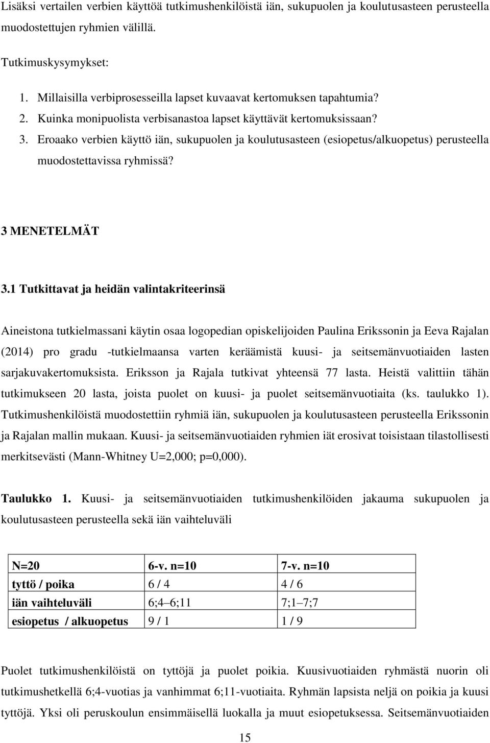 Eroaako verbien käyttö iän, sukupuolen ja koulutusasteen (esiopetus/alkuopetus) perusteella muodostettavissa ryhmissä? 3 MENETELMÄT 3.