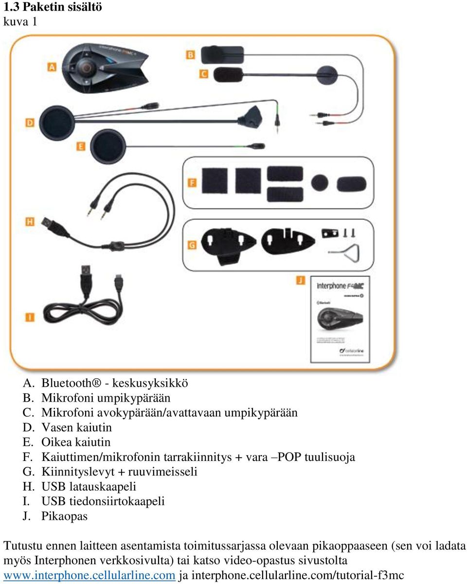 USB latauskaapeli I. USB tiedonsiirtokaapeli J.