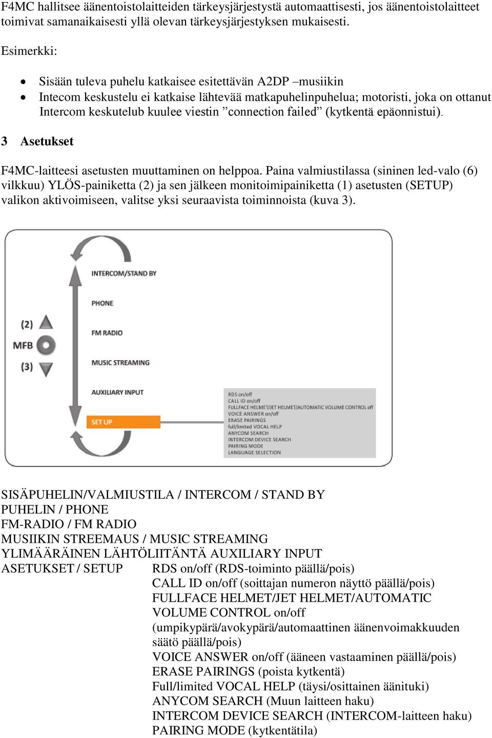 connection failed (kytkentä epäonnistui). 3 Asetukset F4MC-laitteesi asetusten muuttaminen on helppoa.