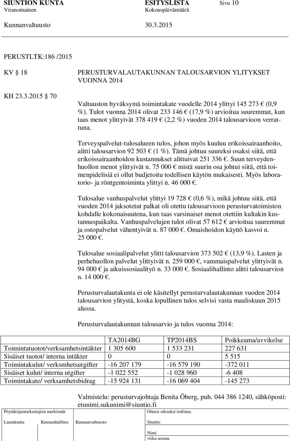 Terveyspalvelut-tulosalueen tulos, johon myös kuuluu erikoissairaanhoito, alitti talousarvion 92 503 (1 %).