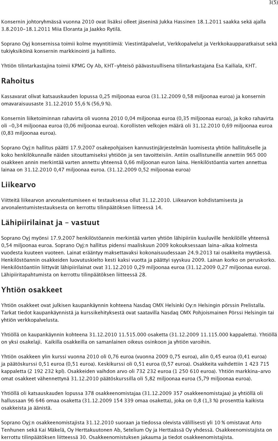 Yhtiön tilintarkastajina toimii KPMG Oy Ab, KHT-yhteisö päävastuullisena tilintarkastajana Esa Kailiala, KHT. Rahoitus Kassavarat olivat katsauskauden lopussa 0,25 miljoonaa euroa (31.12.