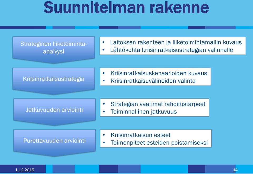 kuvaus Kriisinratkaisuvälineiden valinta Jatkuvuuden arviointi Strategian vaatimat rahoitustarpeet