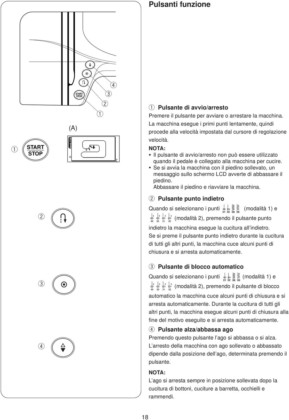 NOTA: Il pulsante di avvio/arresto non può essere utilizzato quando il pedale è collegato alla macchina per cucire.