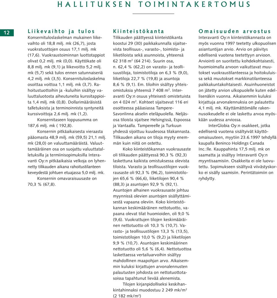 Konsernituloslaskelma osoittaa voittoa 1,1 milj. mk (3,7). Rahoitustuottoihin ja -kuluihin sisältyy valuuttaluotosta aiheutuneita kurssitappioita 1,4 milj. mk (0,8).