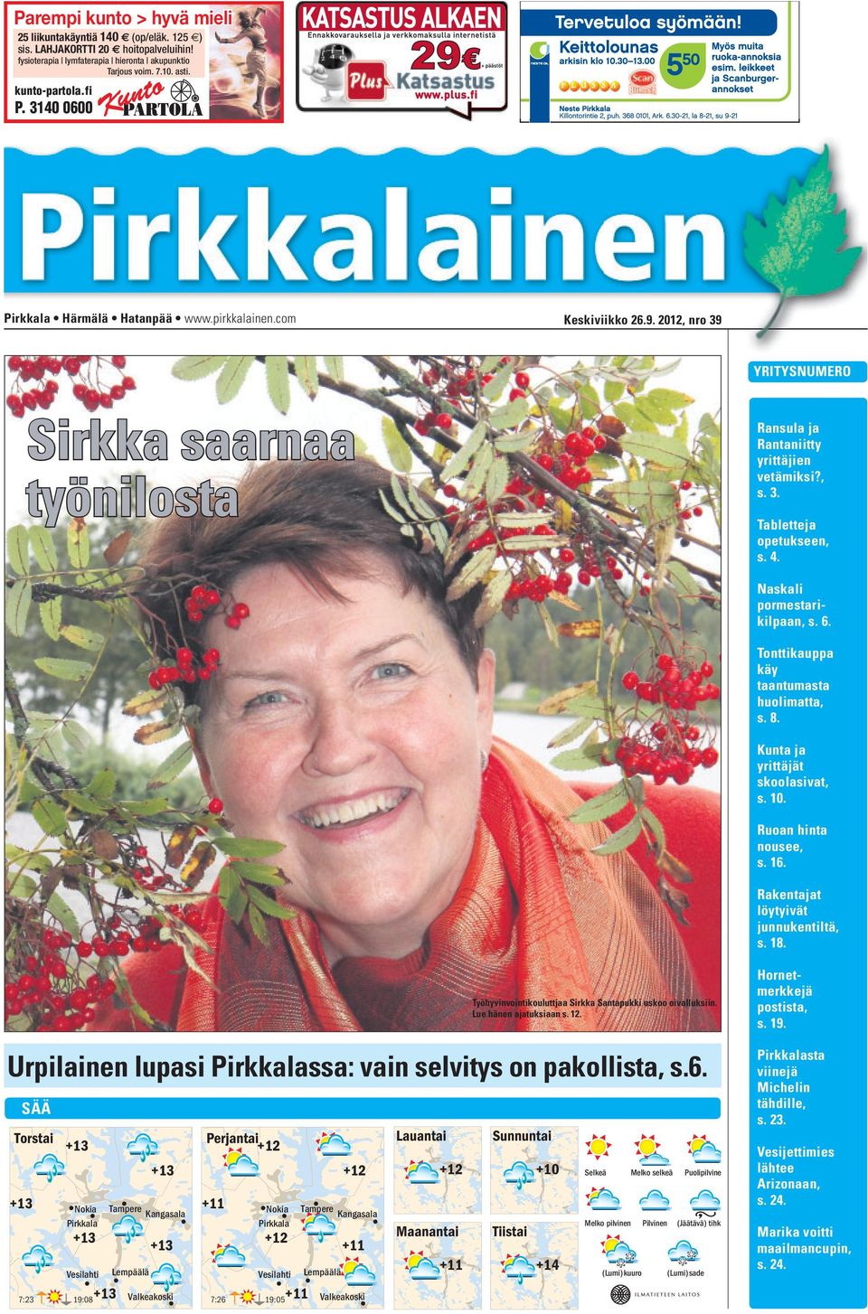 4. Naskali pormestarikilpaan, s. 6. Tonttikauppa käy taantumasta huolimatta, s. 8. Kunta ja yrittäjät skoolasivat, s. 10. Ruoan hinta nousee, s. 16. Rakentajat löytyivät junnukentiltä, s. 18.