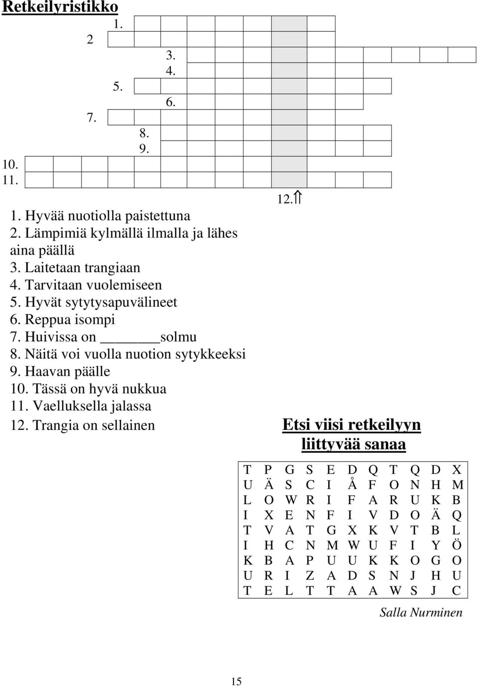 Haavan päälle 10. Tässä on hyvä nukkua 11. Vaelluksella jalassa 12.