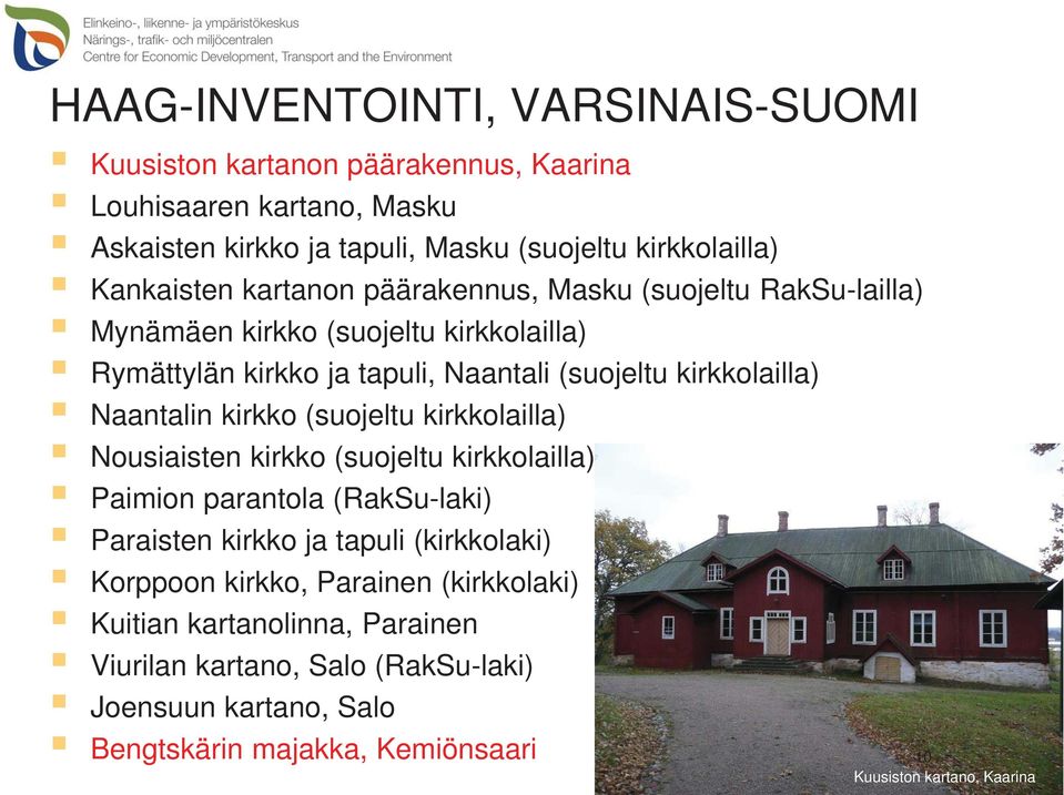 Naantalin kirkko (suojeltu kirkkolailla) Nousiaisten kirkko (suojeltu kirkkolailla) Paimion parantola (RakSu-laki) Paraisten kirkko ja tapuli (kirkkolaki) Korppoon