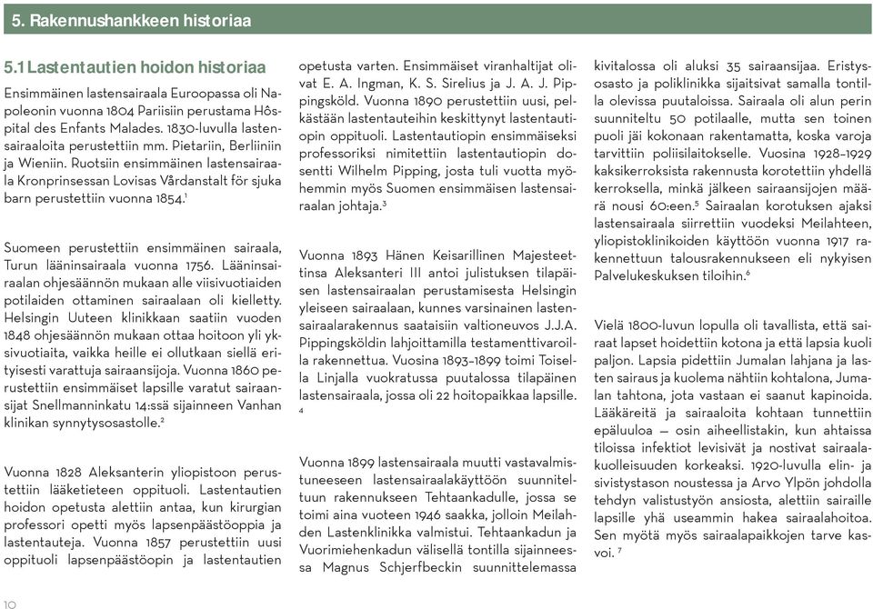 1 Suomeen perustettiin ensimmäinen sairaala, Turun lääninsairaala vuonna 1756. Lääninsairaalan ohjesäännön mukaan alle viisivuotiaiden potilaiden ottaminen sairaalaan oli kielletty.