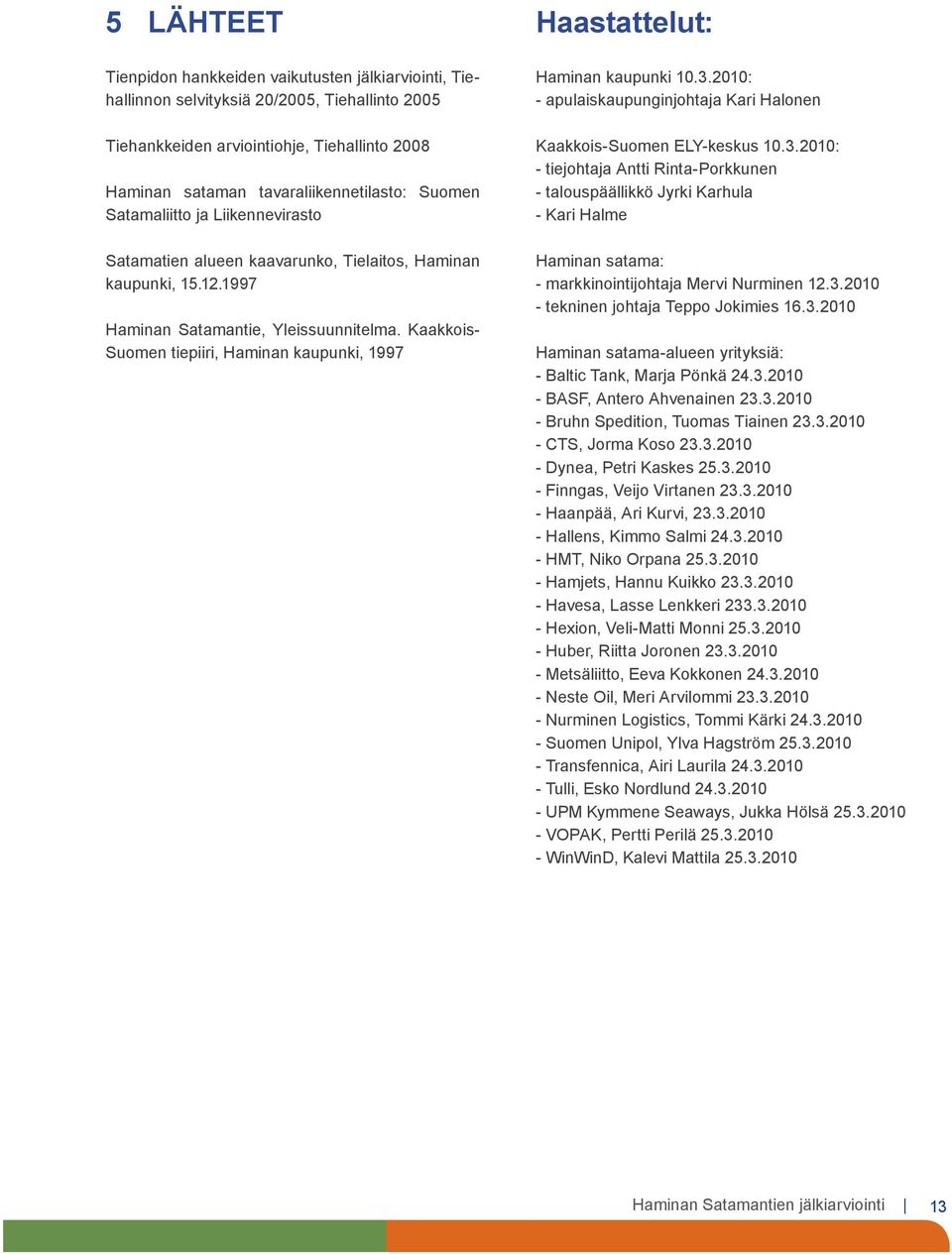 Kaakkois- Suomen tiepiiri, Haminan kaupunki, 1997 Haastattelut: Haminan kaupunki 10.3.