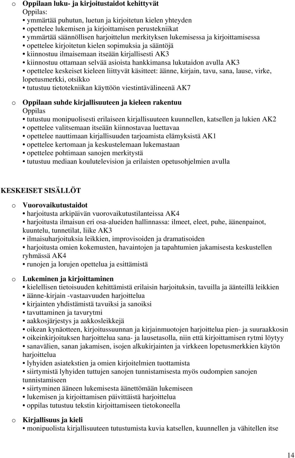 lukutaidon avulla AK3 opettelee keskeiset kieleen liittyvät käsitteet: äänne, kirjain, tavu, sana, lause, virke, lopetusmerkki, otsikko tutustuu tietotekniikan käyttöön viestintävälineenä AK7 o