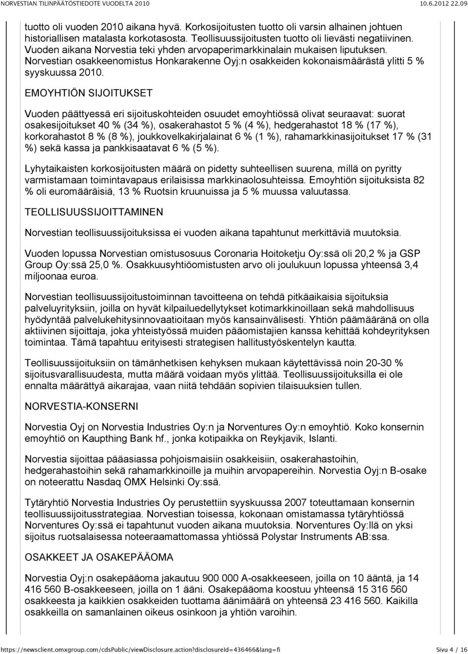 EMOYHTIÖN SIJOITUKSET Vuoden päättyessä eri sijoituskohteiden osuudet emoyhtiössä olivat seuraavat: suorat osakesijoitukset 40 % (34 %), osakerahastot 5 % (4 %), hedgerahastot 18 % (17 %),