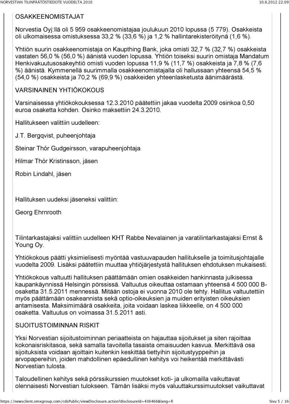 Yhtiön toiseksi suurin omistaja Mandatum Henkivakuutusosakeyhtiö omisti vuoden lopussa 11,9 % (11,7 %) osakkeista ja 7,8 % (7,6 %) äänistä.