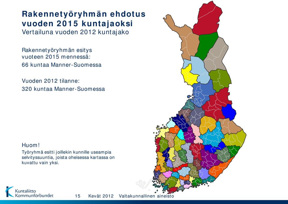 Manner-Suomessa Vuoden 2012 tilanne: 320 kuntaa Manner-Suomessa Huom!