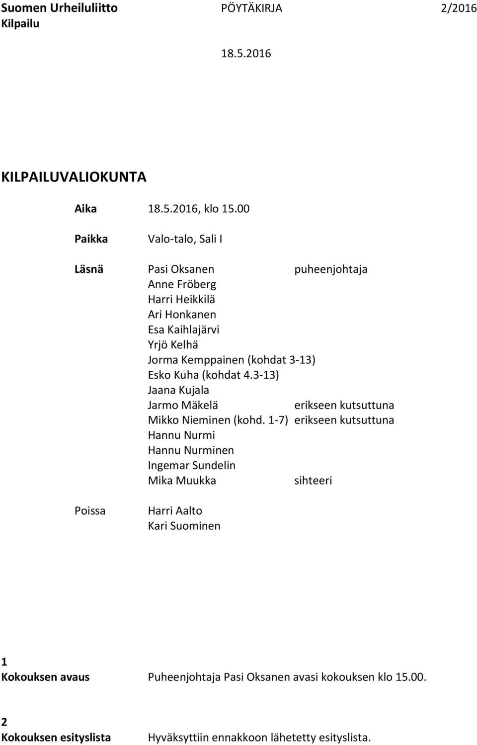 3-13) Esko Kuha (kohdat 4.3-13) Jaana Kujala Jarmo Mäkelä erikseen kutsuttuna Mikko Nieminen (kohd.