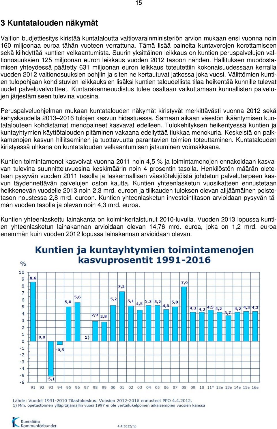 Suurin yksittäinen leikkaus on kuntien peruspalvelujen valtionosuuksien 125 miljoonan euron leikkaus vuoden 2012 tasoon nähden.