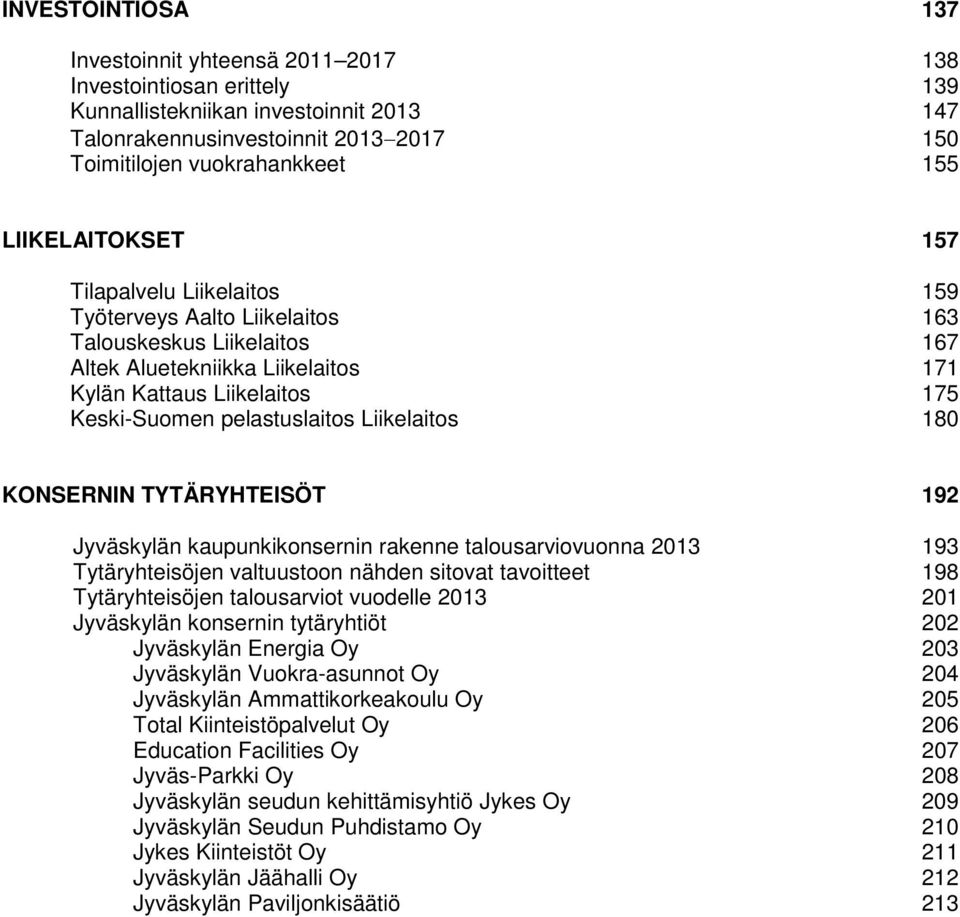 pelastuslaitos Liikelaitos 180 KONSERNIN TYTÄRYHTEISÖT 192 Jyväskylän kaupunkikonsernin rakenne talousarviovuonna 2013 193 Tytäryhteisöjen valtuustoon nähden sitovat tavoitteet 198 Tytäryhteisöjen