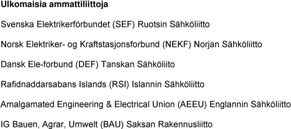 Tanskan Sähköliito Rafidnaddarsabans Islands (RSI) Islannin Sähköliitto Amalgamated