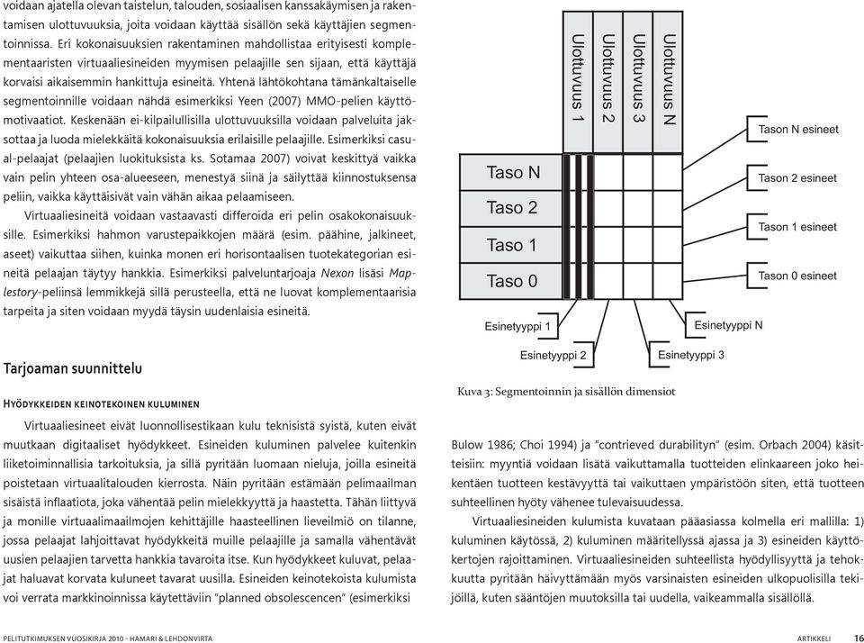 Yhtenä lähtökohtana tämänkaltaiselle segmentoinnille voidaan nähdä esimerkiksi Yeen (2007) MMO-pelien käyttömotivaatiot.