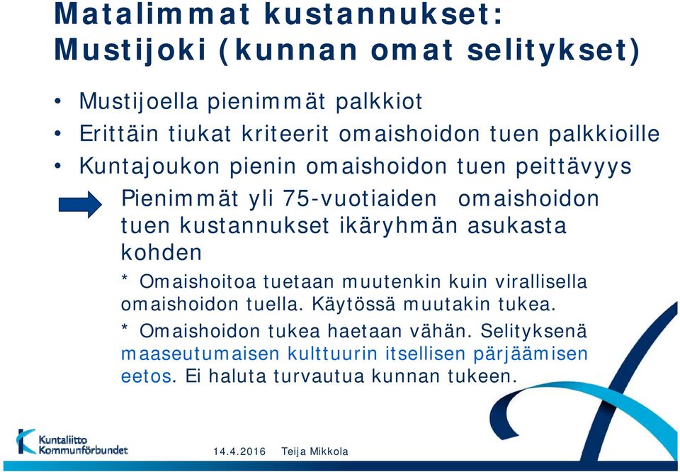 asukasta kohden * Omaishoitoa tuetaan muutenkin kuin virallisella omaishoidon tuella. Käytössä muutakin tukea.