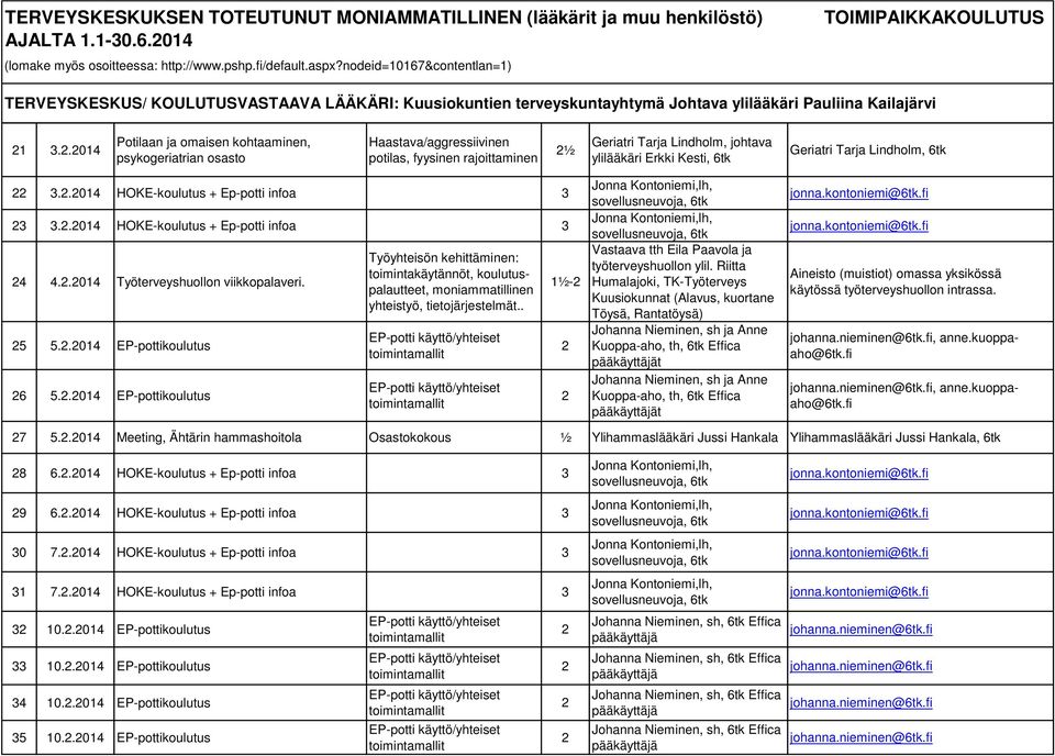 Lindholm, 6tk 3..04 HOKE-koulutus + Ep-potti infoa 3 3 3..04 HOKE-koulutus + Ep-potti infoa 3 4 4..04 Työterveyshuollon viikkopalaveri. 5 5..04 EP-pottikoulutus 