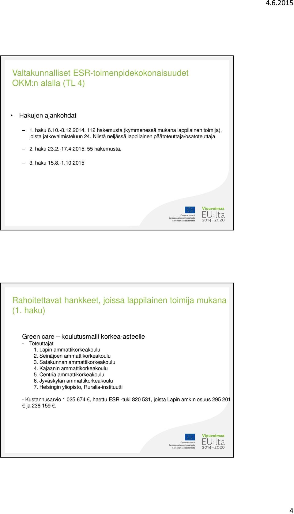 2015 Green care koulutusmalli korkea-asteelle - Toteuttajat 1. Lapin ammattikorkeakoulu 2. Seinäjoen ammattikorkeakoulu 3. Satakunnan ammattikorkeakoulu 4.