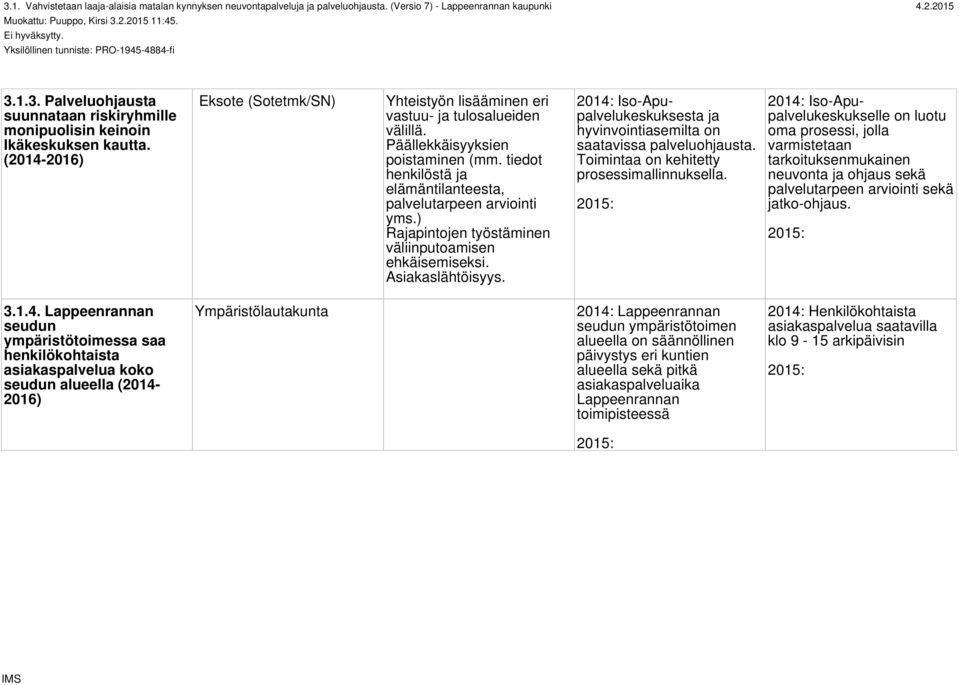 Eksote (Sotetmk/SN) Yhteistyön lisääminen eri vastuu- ja tulosalueiden välillä. Päällekkäisyyksien poistaminen (mm. tiedot henkilöstä ja elämäntilanteesta, palvelutarpeen arviointi yms.