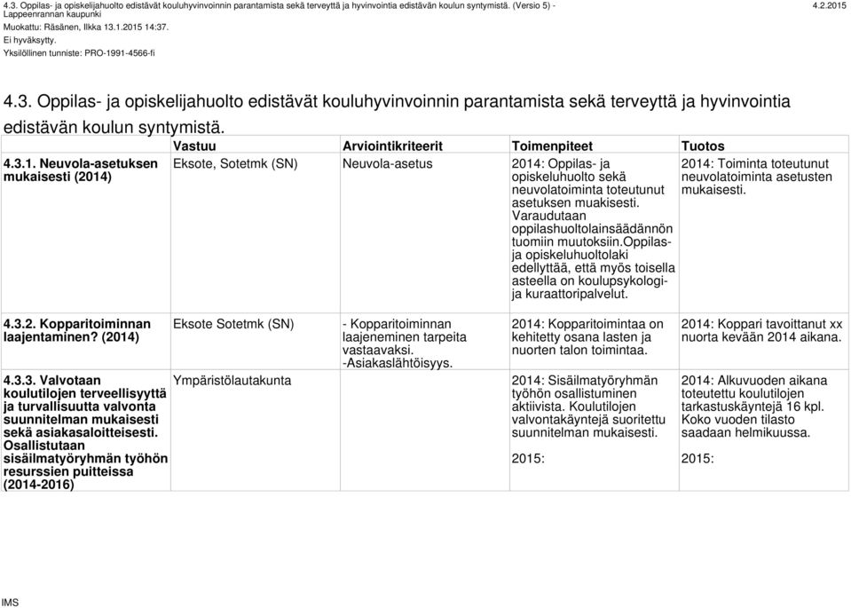 asetuksen muakisesti. Varaudutaan oppilashuoltolainsäädännön tuomiin muutoksiin.oppilasja opiskeluhuoltolaki edellyttää, että myös toisella asteella on koulupsykologija kuraattoripalvelut. 4.3.2.