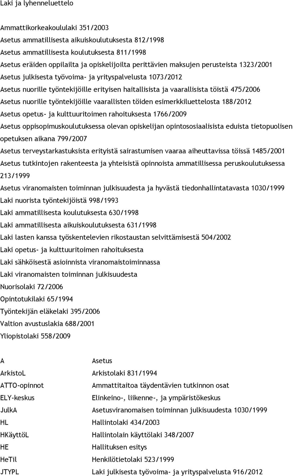 nuorille työntekijöille vaarallisten töiden esimerkkiluettelosta 188/2012 Asetus opetus- ja kulttuuritoimen rahoituksesta 1766/2009 Asetus oppisopimuskoulutuksessa olevan opiskelijan