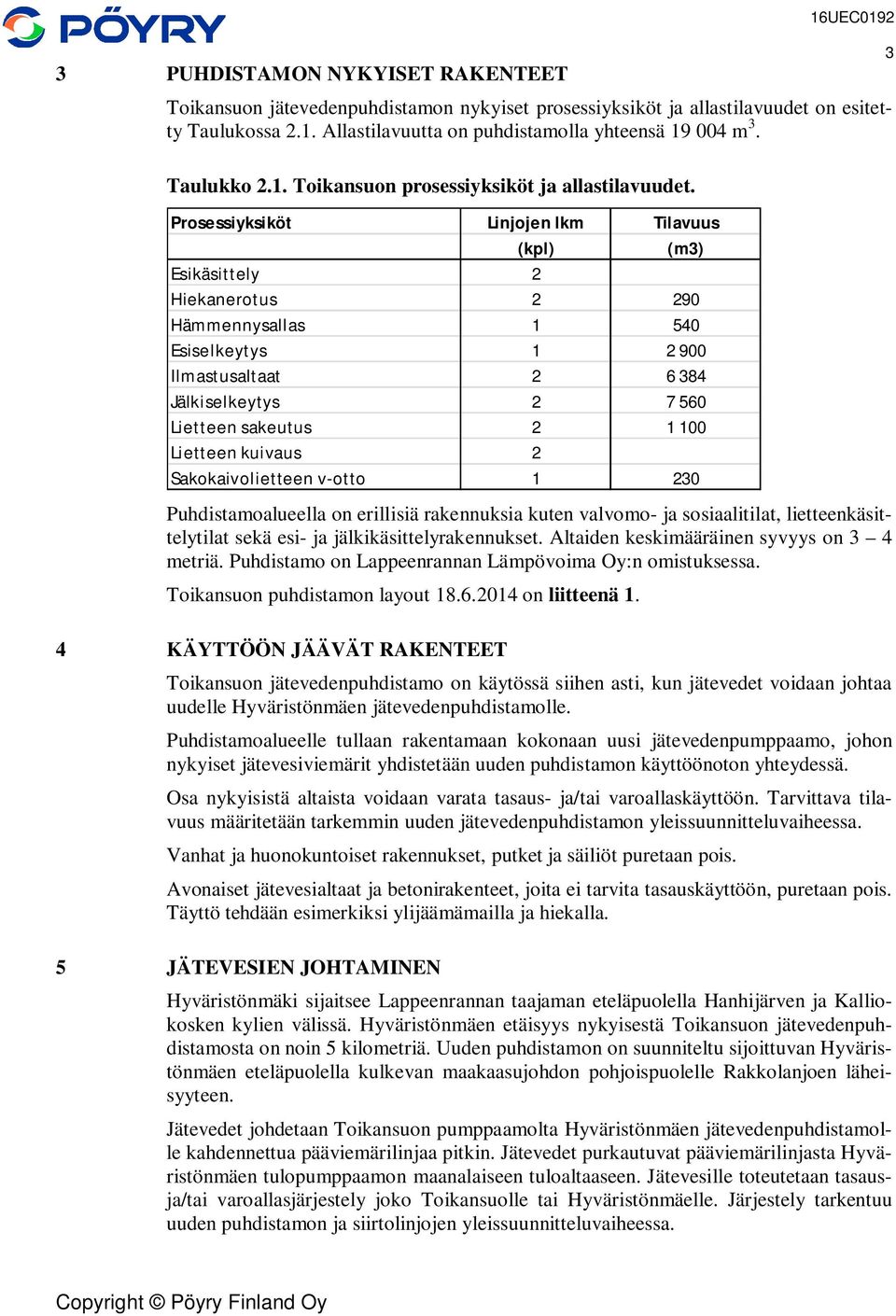 Prosessiyksiköt Linjojen lkm Tilavuus (kpl) (m3) Esikäsittely 2 Hiekanerotus 2 290 Hämmennysallas 1 540 Esiselkeytys 1 2 900 Ilmastusaltaat 2 6 384 Jälkiselkeytys 2 7 560 Lietteen sakeutus 2 1 100