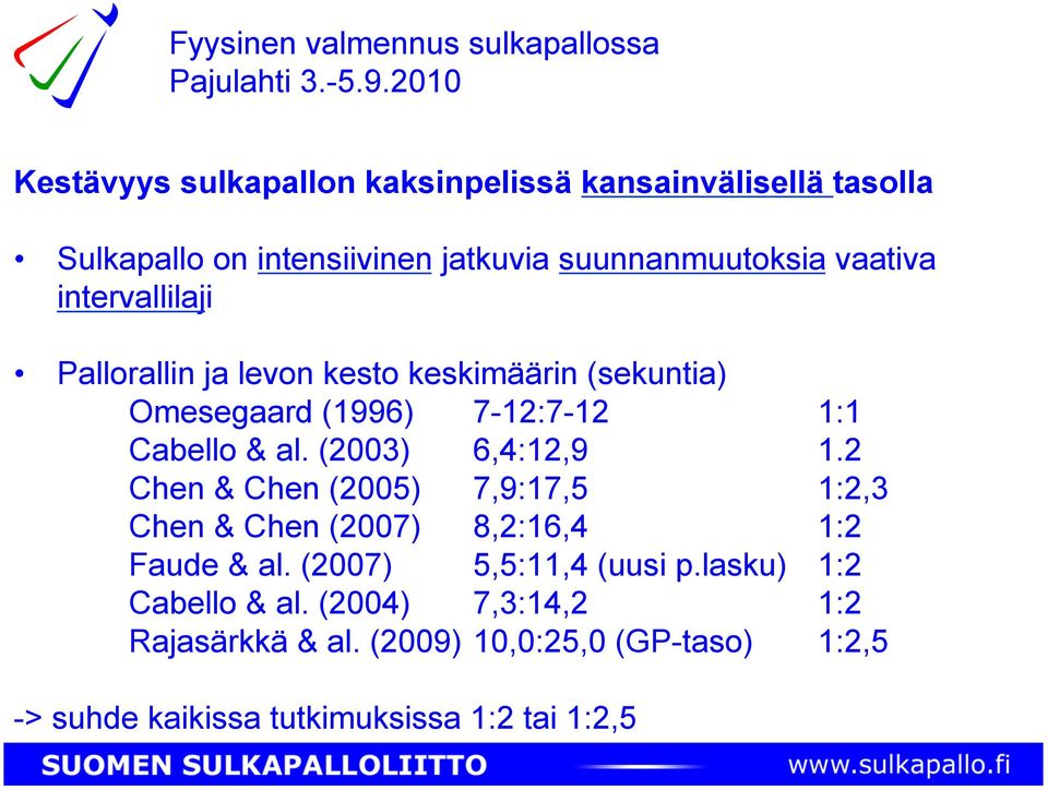 (2003) 6,4:12,9 1.2 Chen & Chen (2005) 7,9:17,5 1:2,3 Chen & Chen (2007) 8,2:16,4 1:2 Faude & al. (2007) 5,5:11,4 (uusi p.