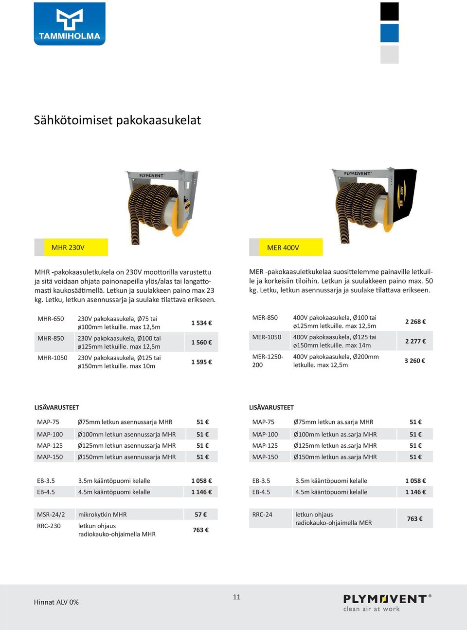 Letkun ja suulakkeen paino max. 50 kg. Letku, letkun asennussarja ja suulake tilattava erikseen. MHR-650 MHR-850 MHR-1050 230V pakokaasukela, Ø75 tai ø100mm letkuille.