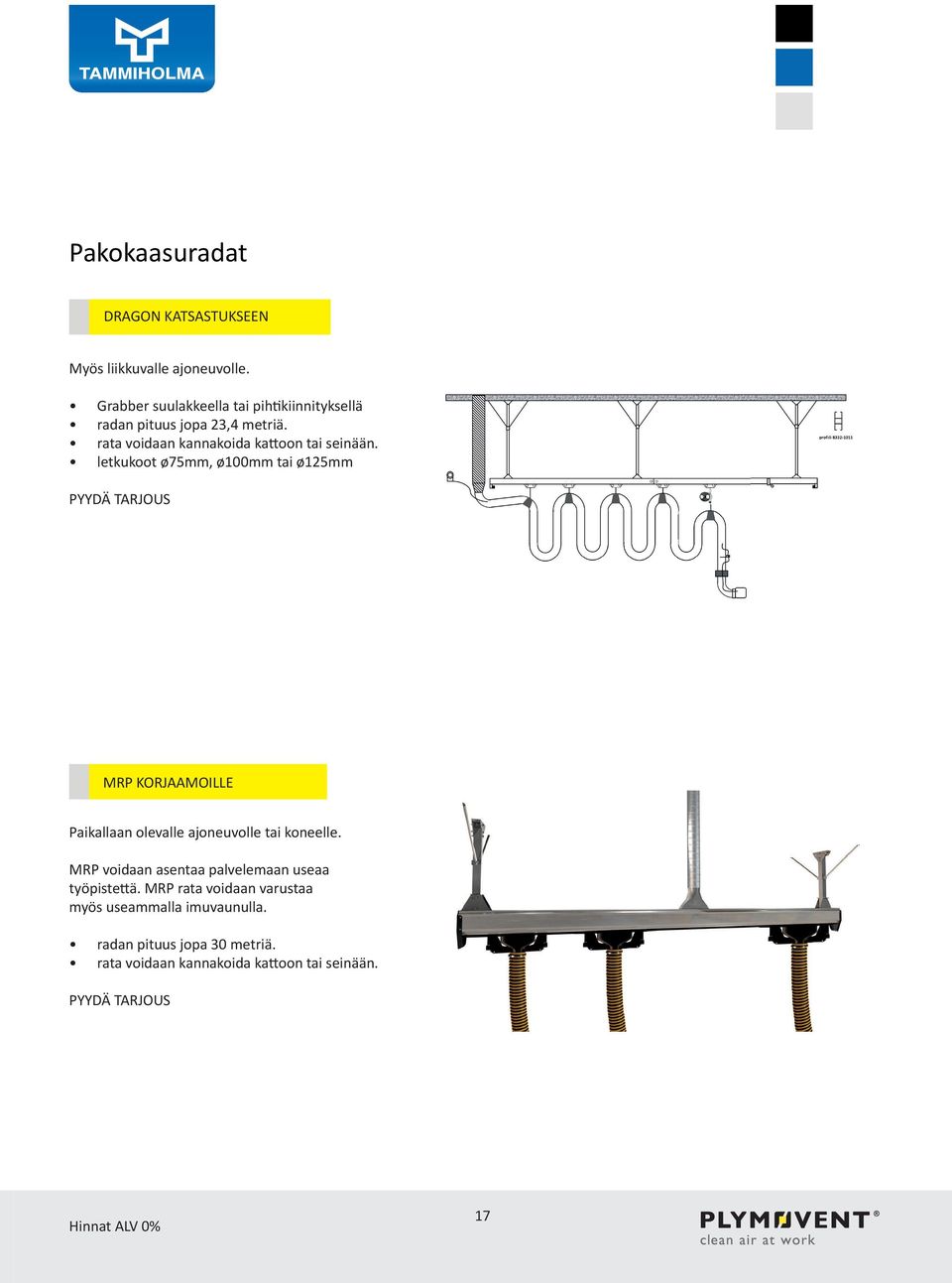 letkukoot ø75mm, ø100mm tai ø125mm PYYDÄ TARJOUS MRP KORJAAMOILLE Paikallaan olevalle ajoneuvolle tai koneelle.