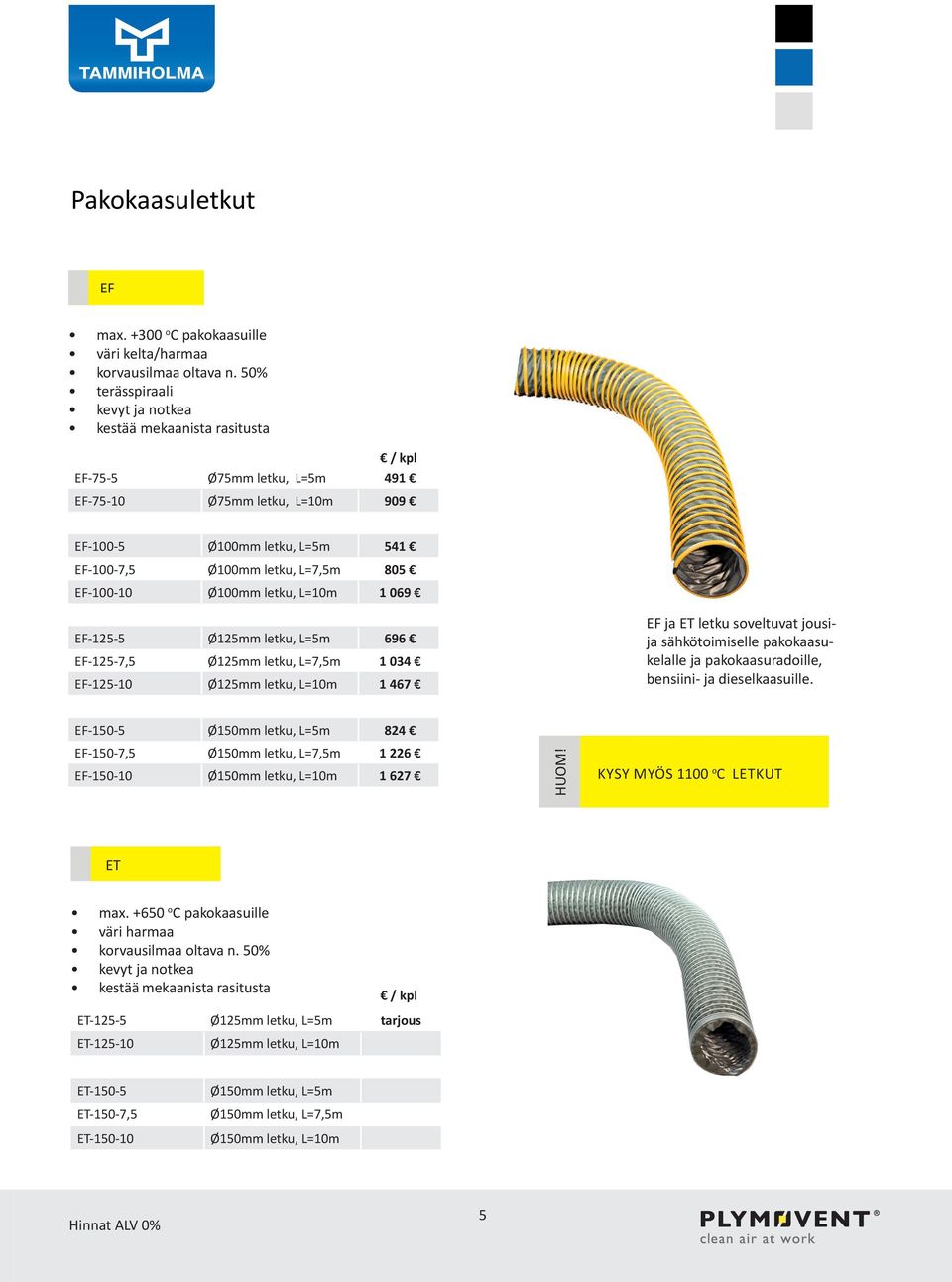 EF-100-10 Ø100mm letku, L=10m 1 069 EF-125-5 Ø125mm letku, L=5m 696 EF-125-7,5 Ø125mm letku, L=7,5m 1 034 EF-125-10 Ø125mm letku, L=10m 1 467 EF ja ET letku soveltuvat jousija sähkötoimiselle