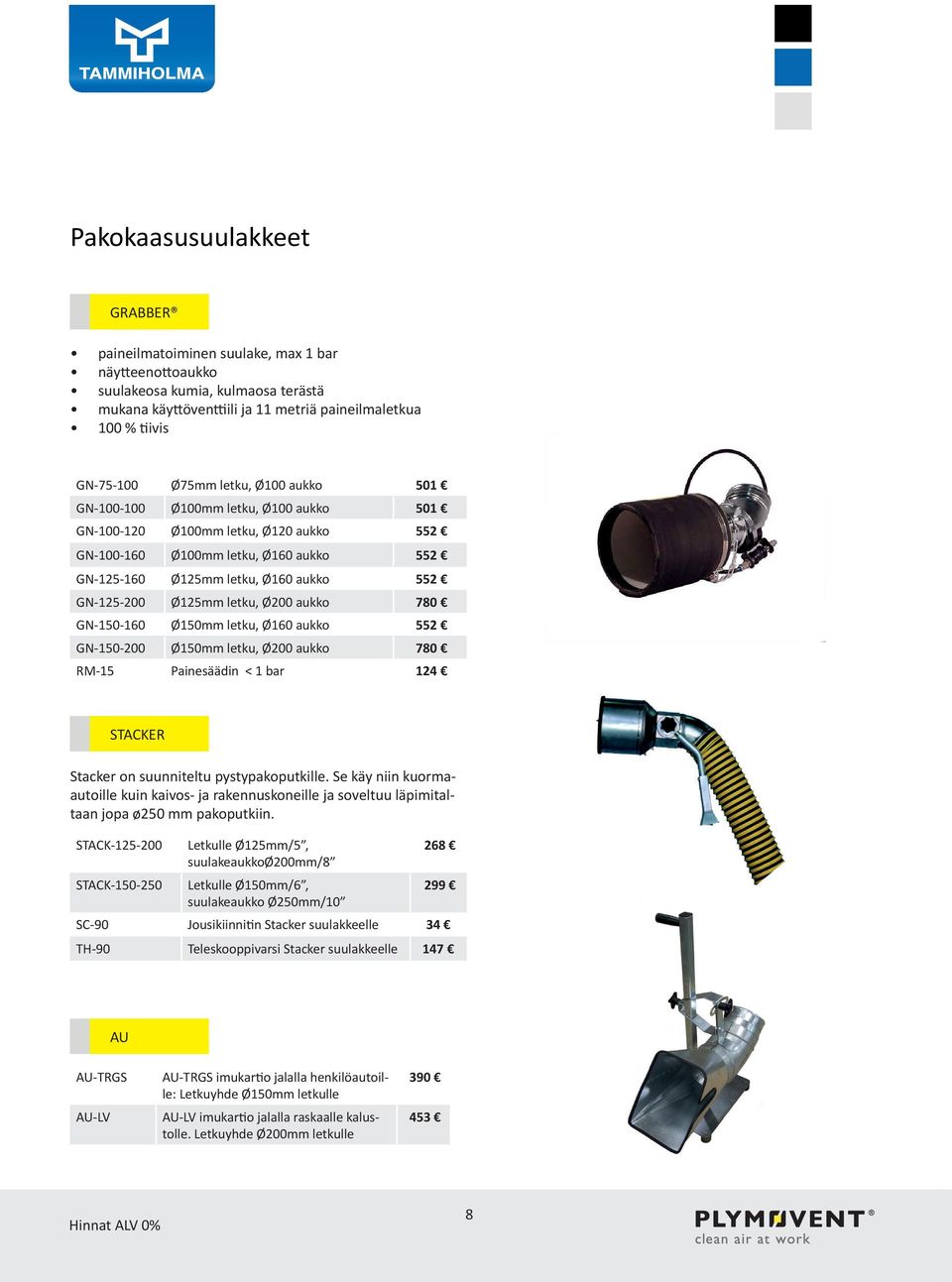 letku, Ø200 aukko 780 GN-150-160 Ø150mm letku, Ø160 aukko 552 GN-150-200 Ø150mm letku, Ø200 aukko 780 RM-15 Painesäädin < 1 bar 124 STACKER Stacker on suunniteltu pystypakoputkille.