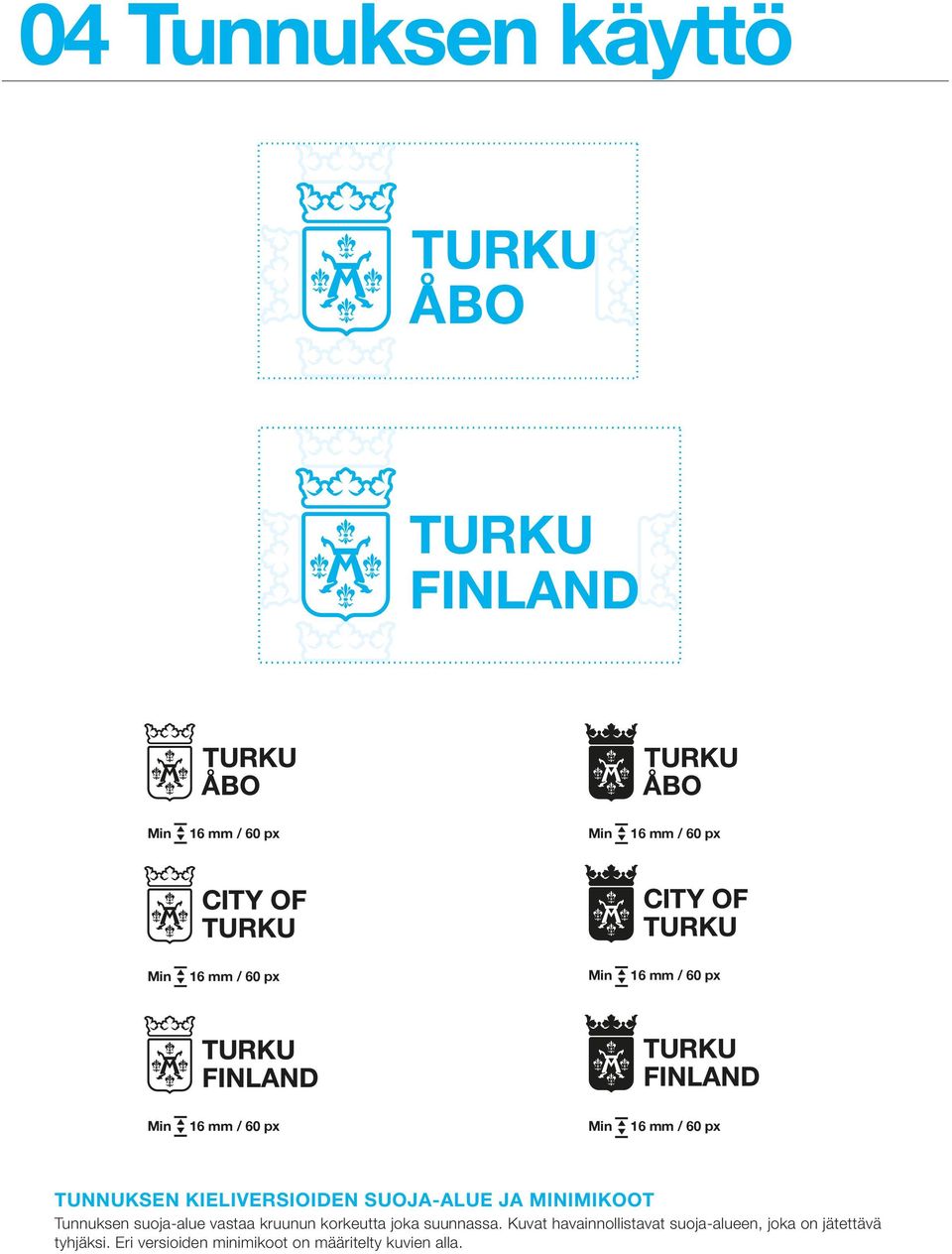 Tunnuksen suoja-alue vastaa kruunun korkeutta joka suunnassa.
