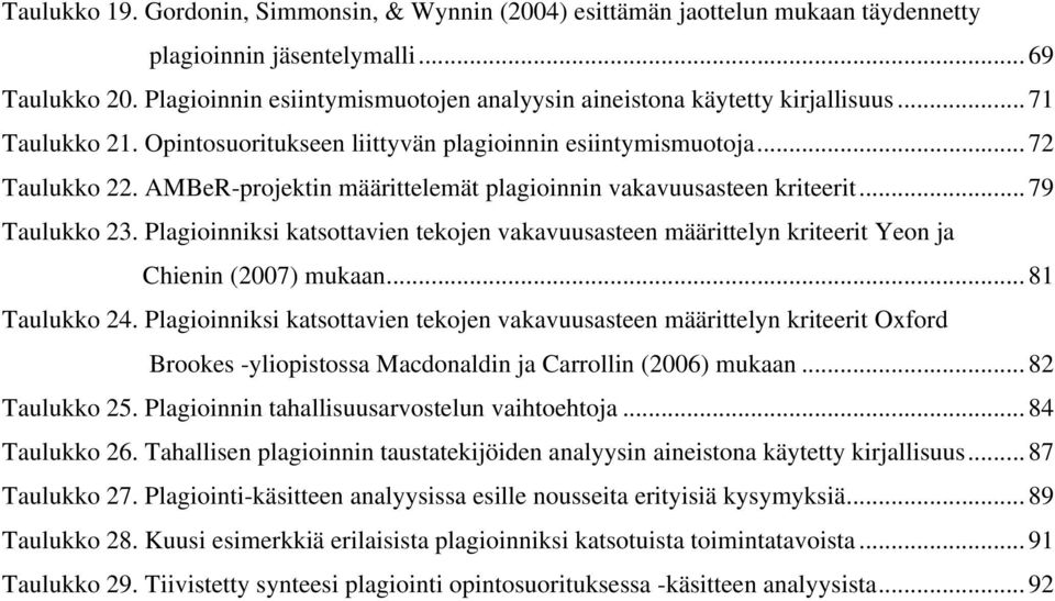 AMBeR-projektin määrittelemät plagioinnin vakavuusasteen kriteerit... 79 Taulukko 23. Plagioinniksi katsottavien tekojen vakavuusasteen määrittelyn kriteerit Yeon ja Chienin (2007) mukaan.