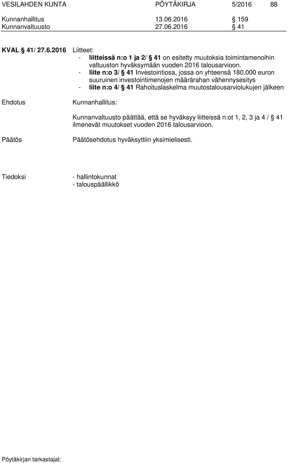 - liite n:o 3/ 41 Investointiosa, jossa on yhteensä 180.